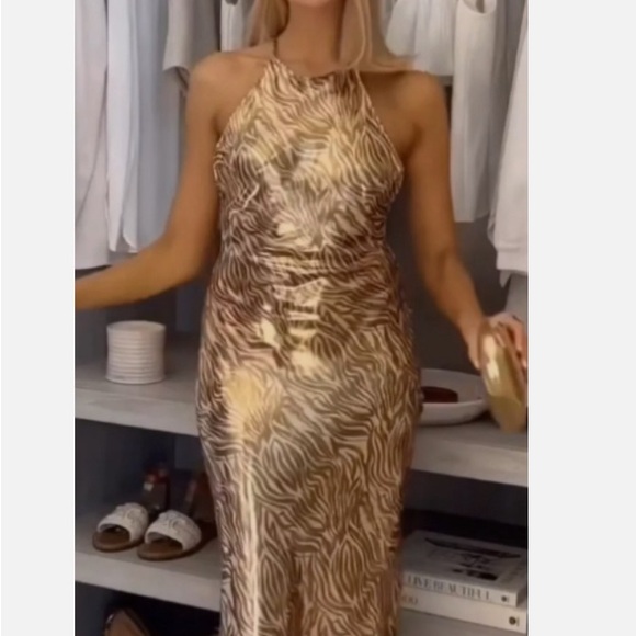 ZARA  FOIL ANIMAL PRINT MIDI HALTER OPEN BACK GOLD DRESS - Picture 14 of 16